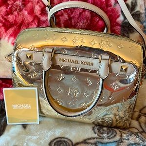 Michael Kors Gold mirror Kara Duffel Metallic Handbag/wallet/shoulder strap.
